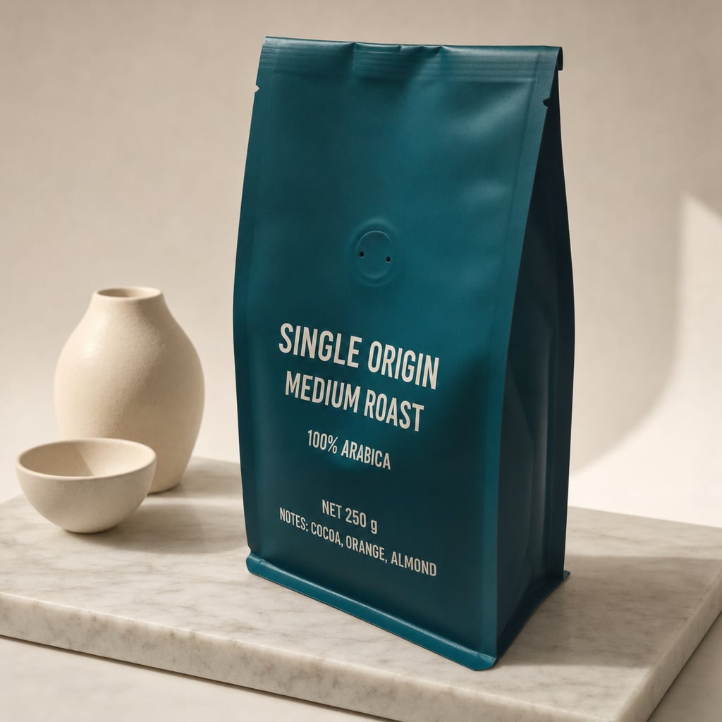 Coffee package on a marble surface, uniform background, legible label