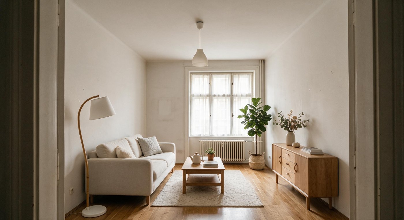 A bright living room in a listing photo, with straight walls